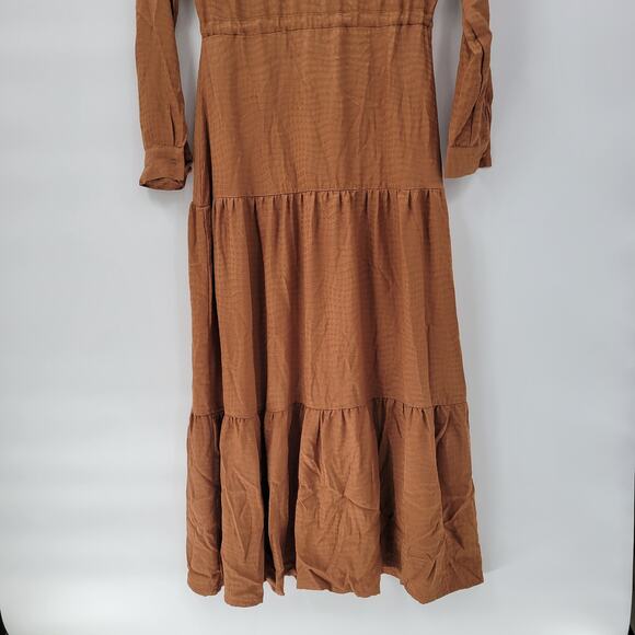 Harper Tiered Shirt Dress Womens XS Brown Embossed Animal Print Button Down Maxi - Picture 9 of 16
